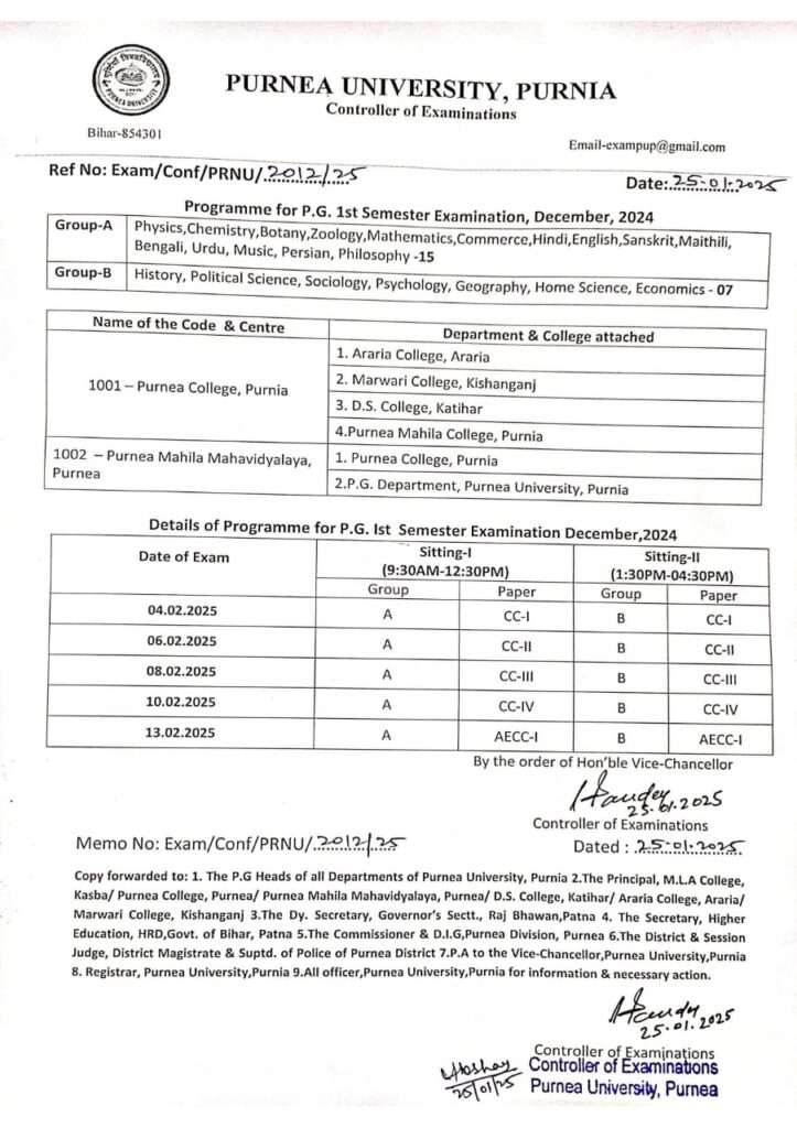  Purnea University PG 1st Semester Exam Date 2024-26