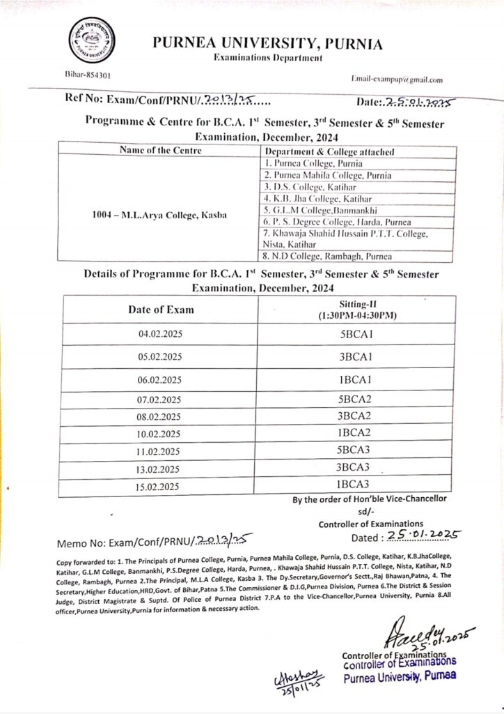 Purnea University BCA 1st,3rd & 5th Semester Exam Programme 2025