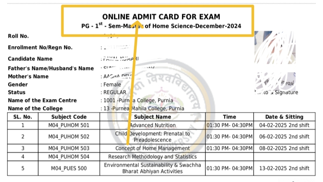 Purnea University PG 1st Semester Admit Card Download 2025